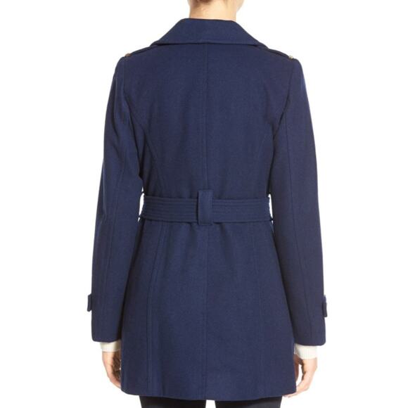Michael Kors Wool Blend Belted Peacoat Classic Preppy Collared Jacket Navy Blue - Picture 4 of 15
